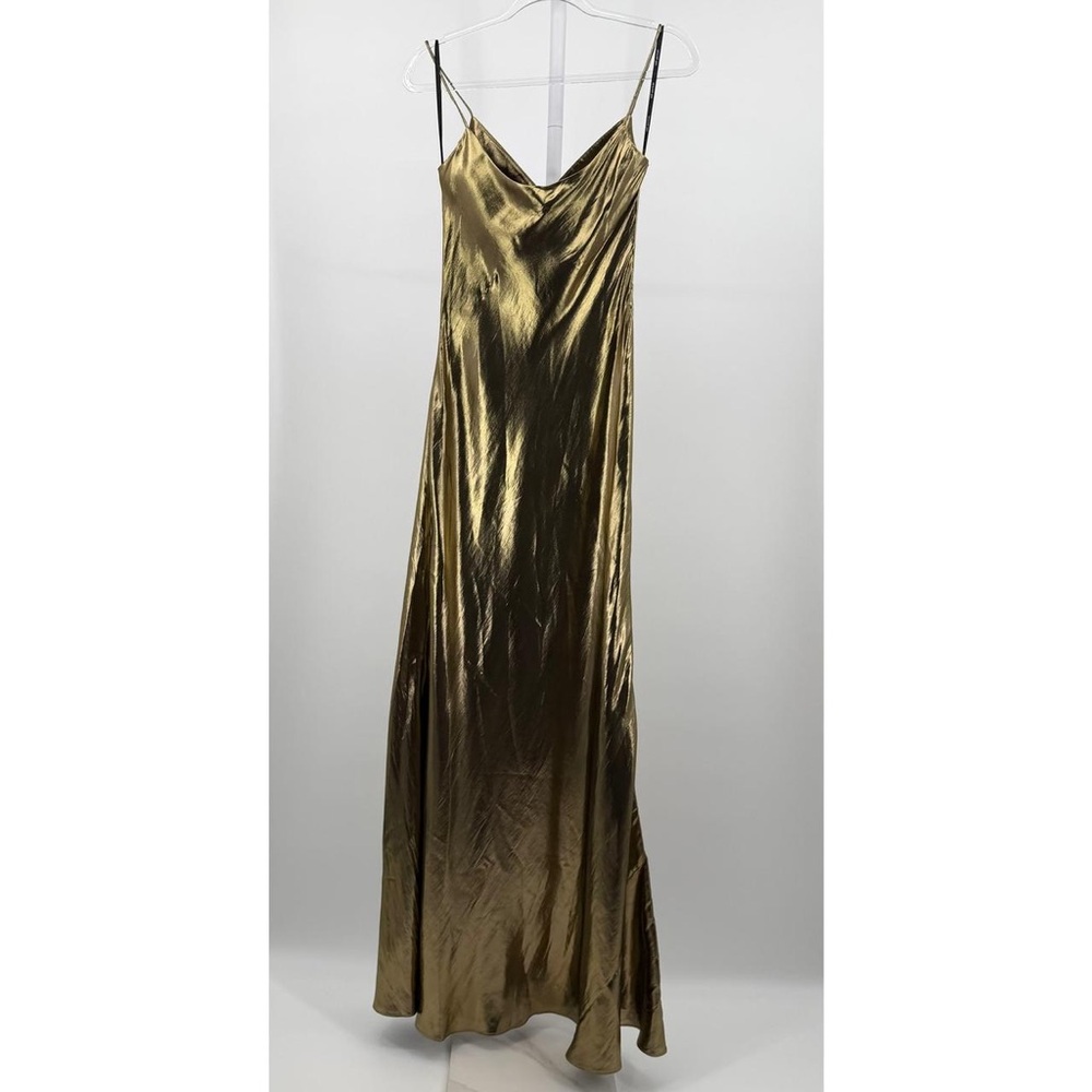 Gold Metallic Strappy Maxi Dress Side Split Evening Gown Size US 6 - Picture 3 of 12
